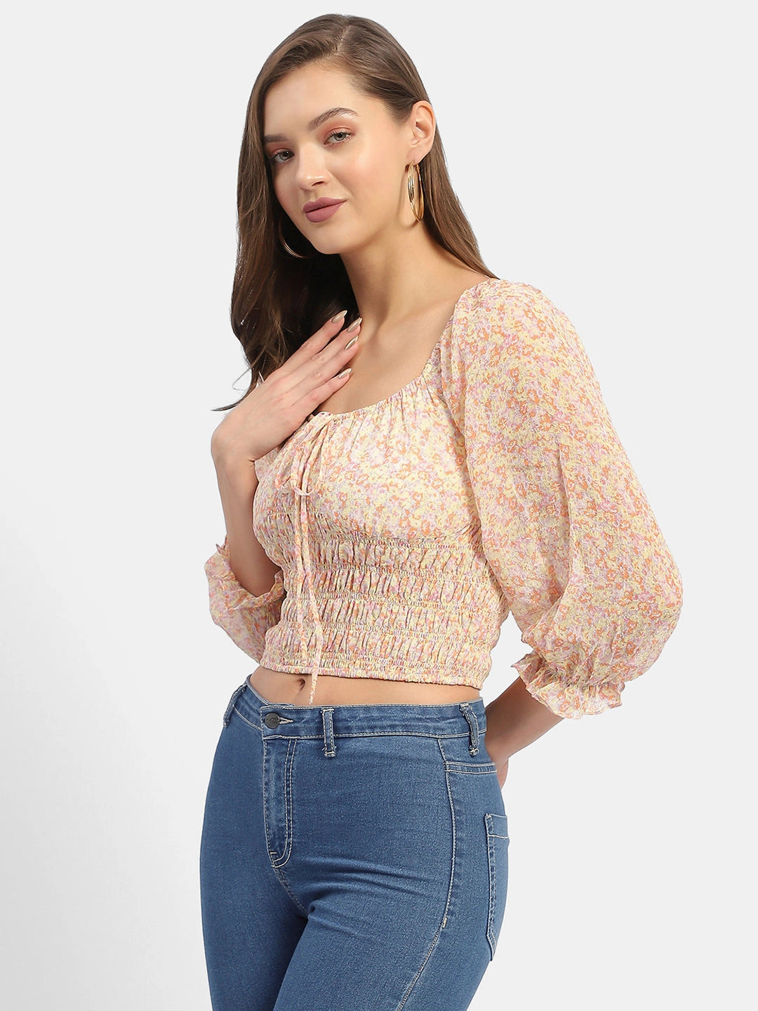 AbrasionResistant Surface High Neckline Madame Floral Print Off-White Smocked Off-Shoulder Top