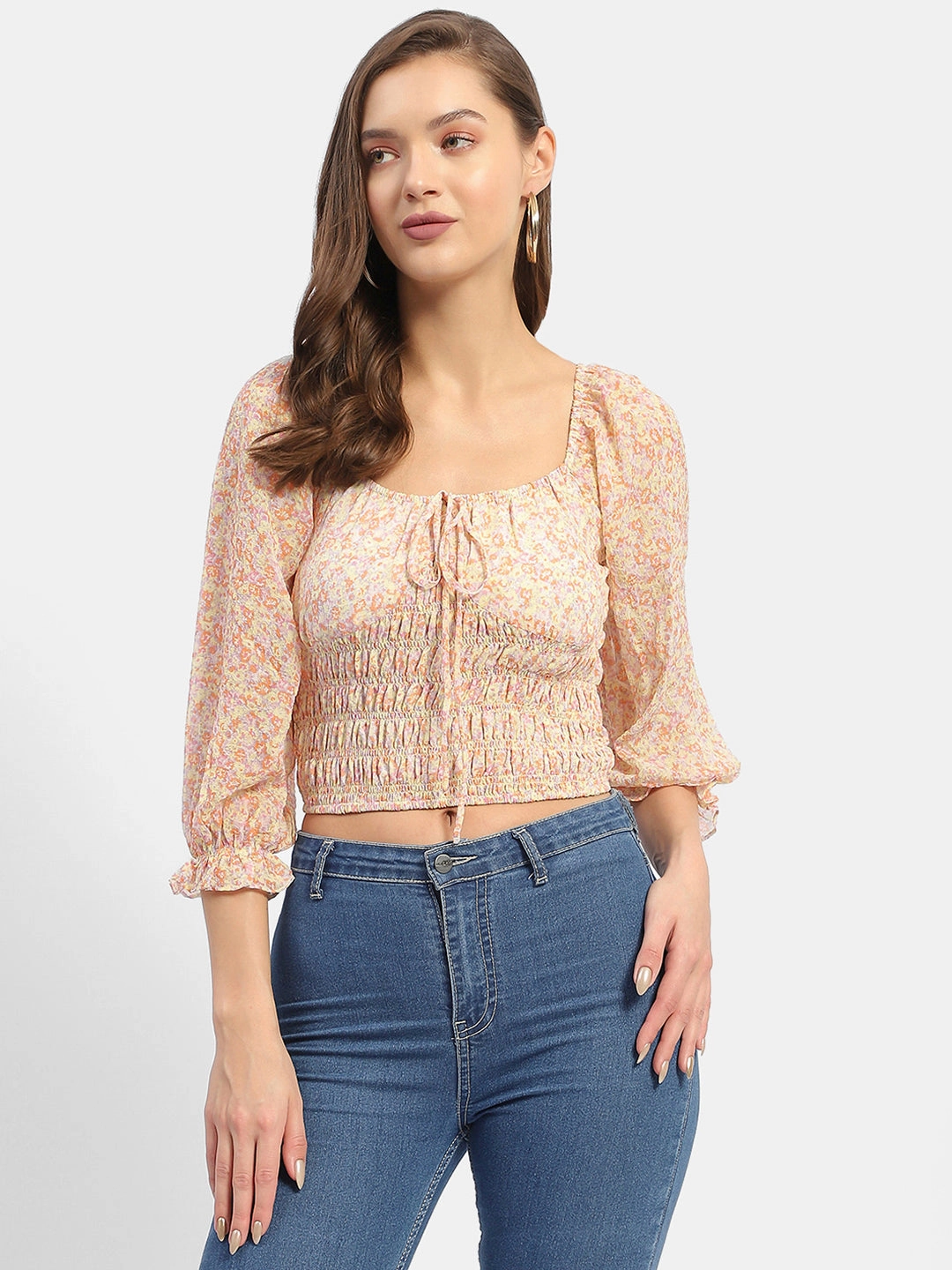 Summer Style Circular Knit Madame Floral Print Off-White Smocked Off-Shoulder Top