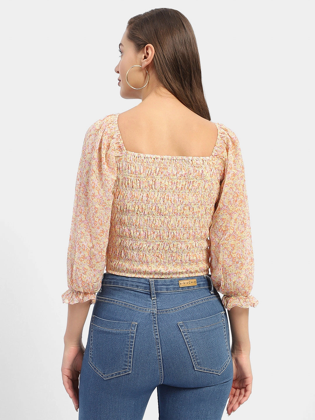 MoistureWicking Fabric FlexibleElasticatedEdging Madame Floral Print Off-White Smocked Off-Shoulder Top