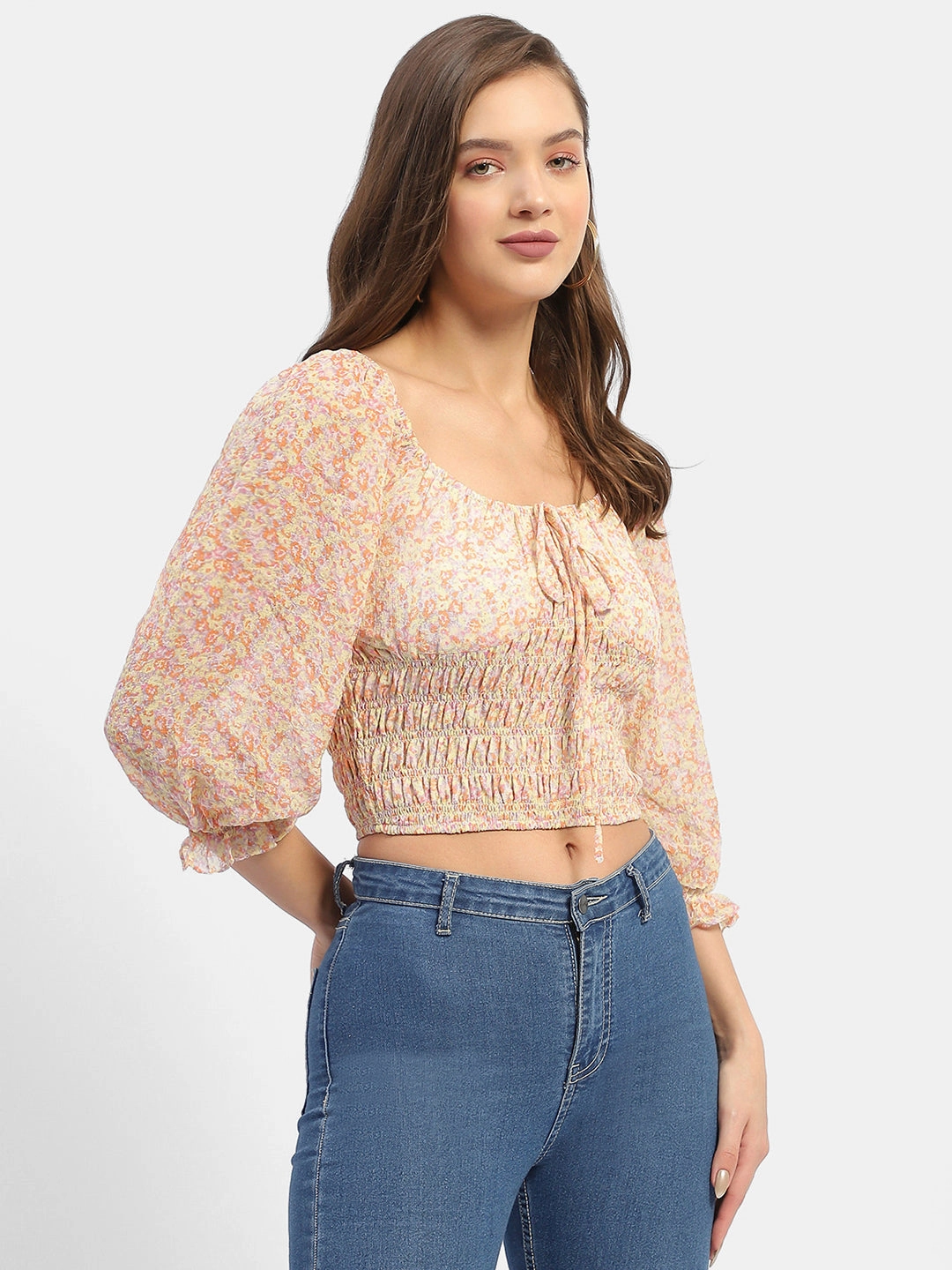 AbrasionResistantEdging Madame Floral Print Off-White Smocked Off-Shoulder Top