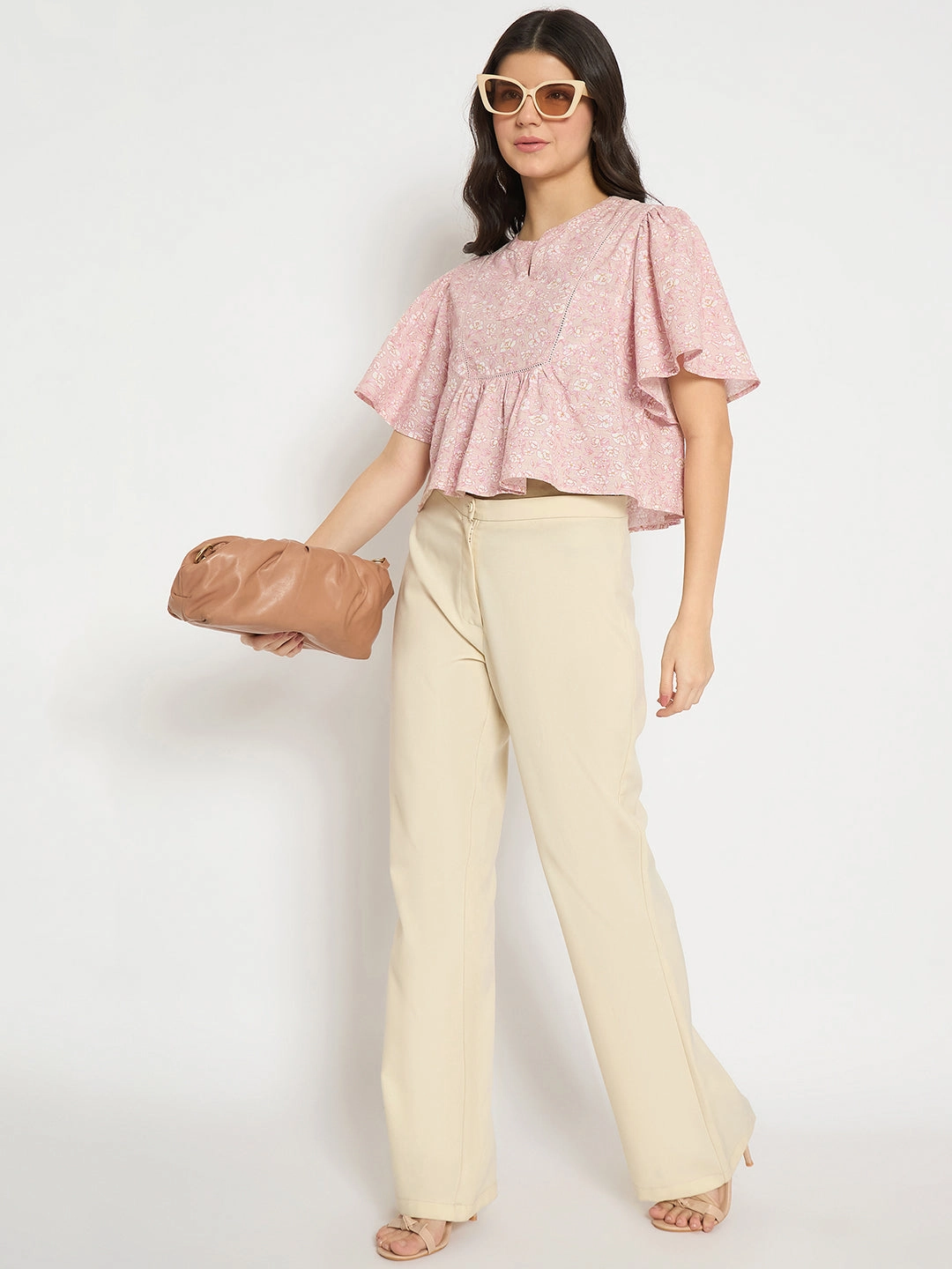 Vintage Shirt Madame Floral Print Pink Cotton Peplum Top