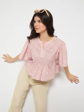 Madame Floral Print Pink Cotton Peplum Top Tear Resistant Stretch Fit Top