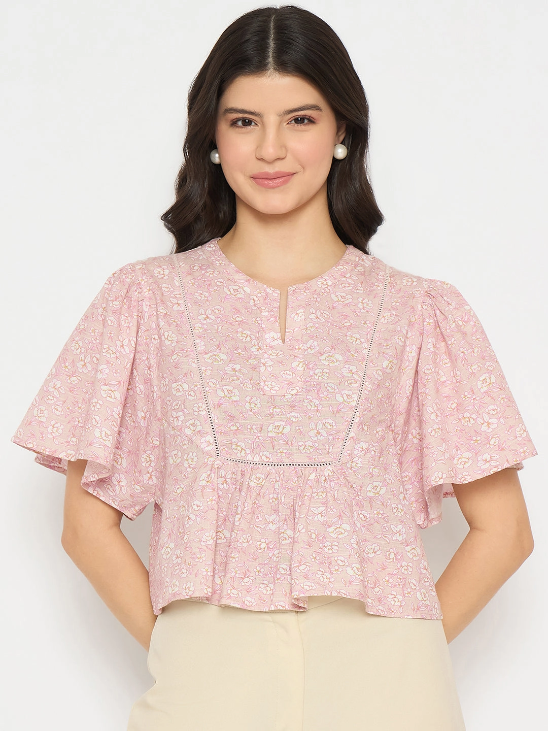 Easy Care Material Organic Cotton Fiber Madame Floral Print Pink Cotton Peplum Top