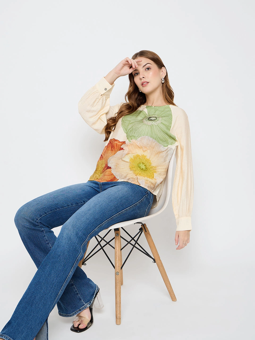 RelaxedSilhouette Convertible Design Madame Floral Print Rayon Blend Off White Top