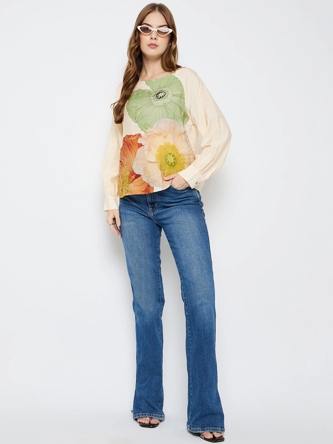 Madame Floral Print Rayon Blend Off White Top Comfortable Look