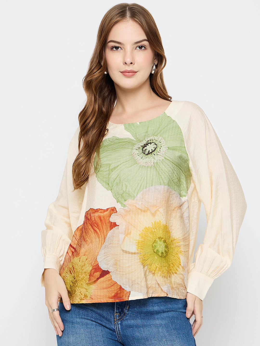 Madame Floral Print Rayon Blend Off White Top Multi Pocket Functional Design