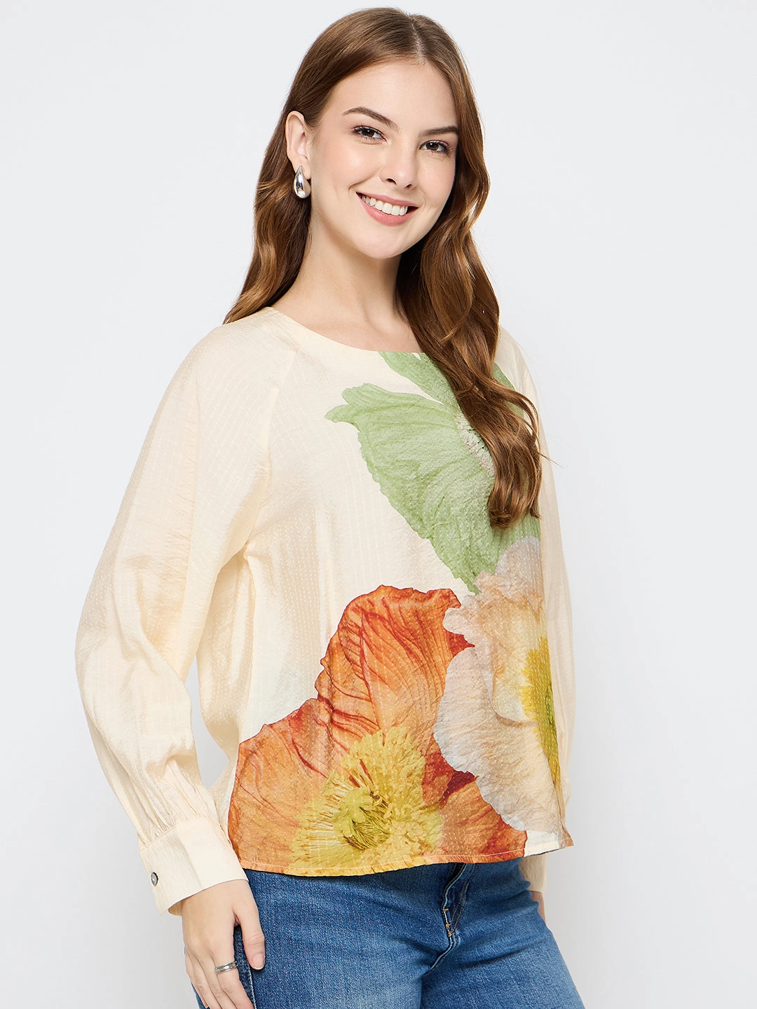 MoistureControl Madame Floral Print Rayon Blend Off White Top