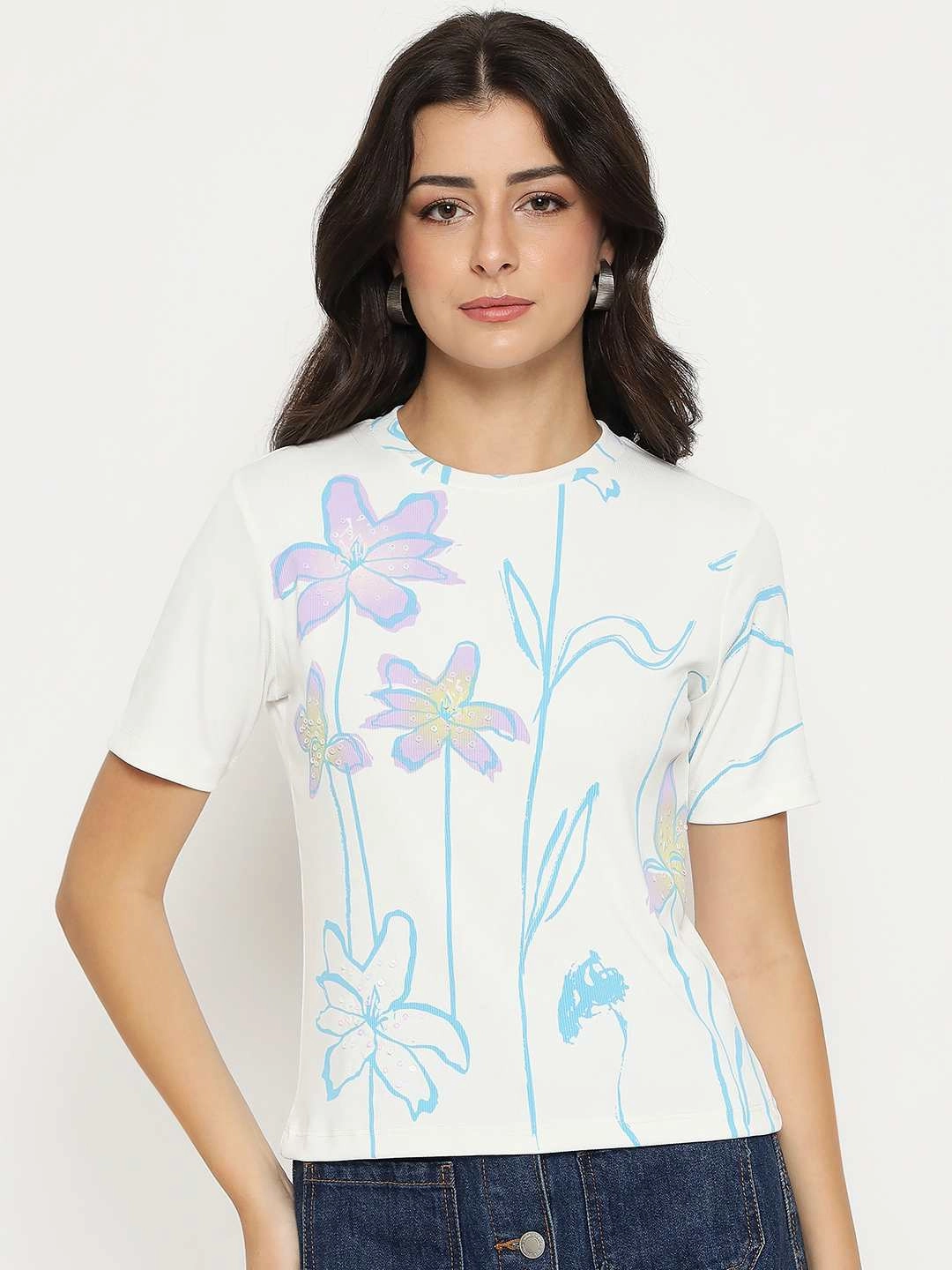 Madame Floral Print Sequin Detailed White T-Shirt Tension Balanced Design