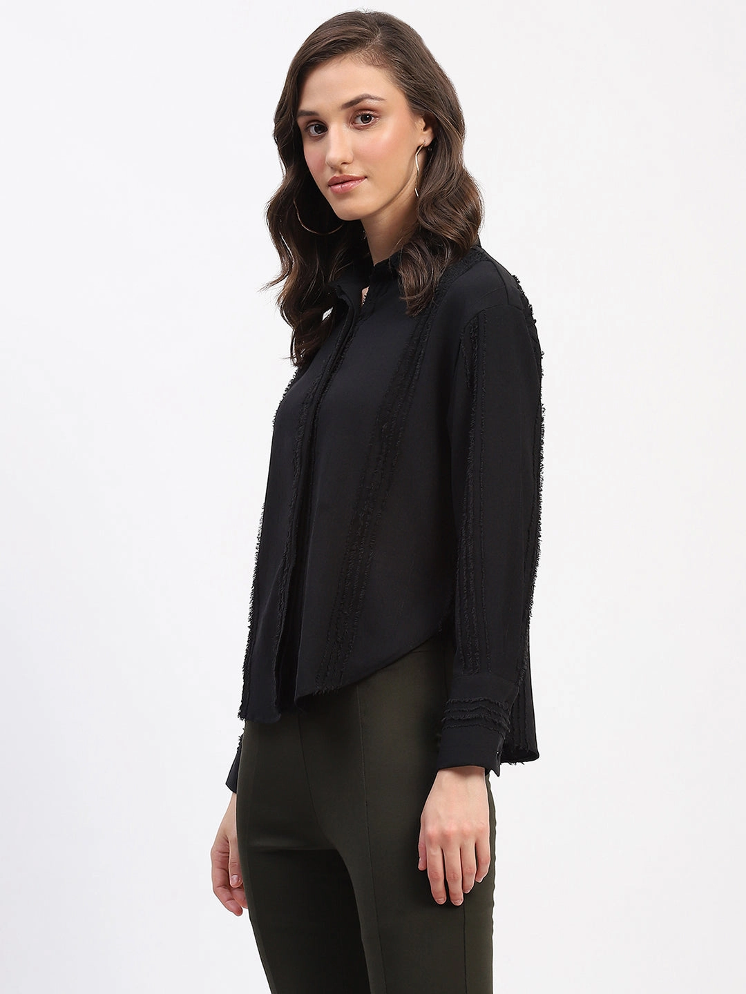 Madame Frayed Detailing Collared Cuff Sleeve Shirt Tailored Fit