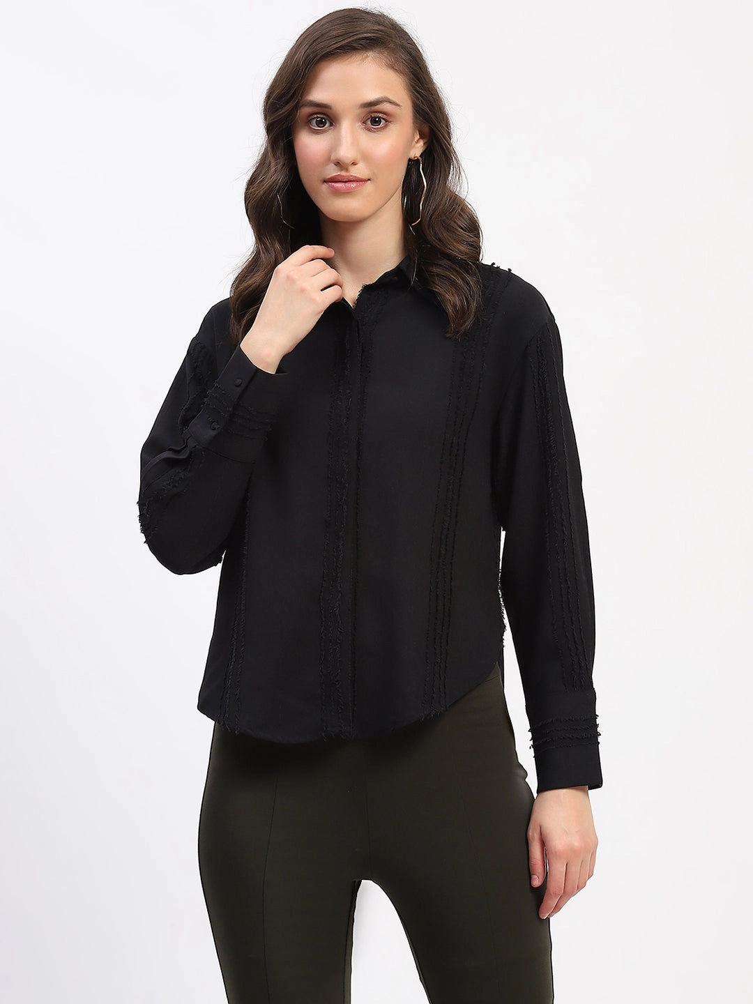 Spring Break Madame Frayed Detailing Collared Cuff Sleeve Shirt