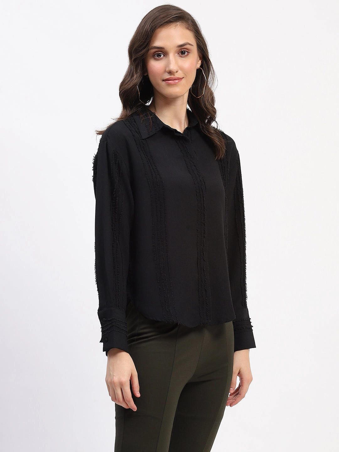 high-low hem Tagless label Madame Frayed Detailing Collared Cuff Sleeve Shirt