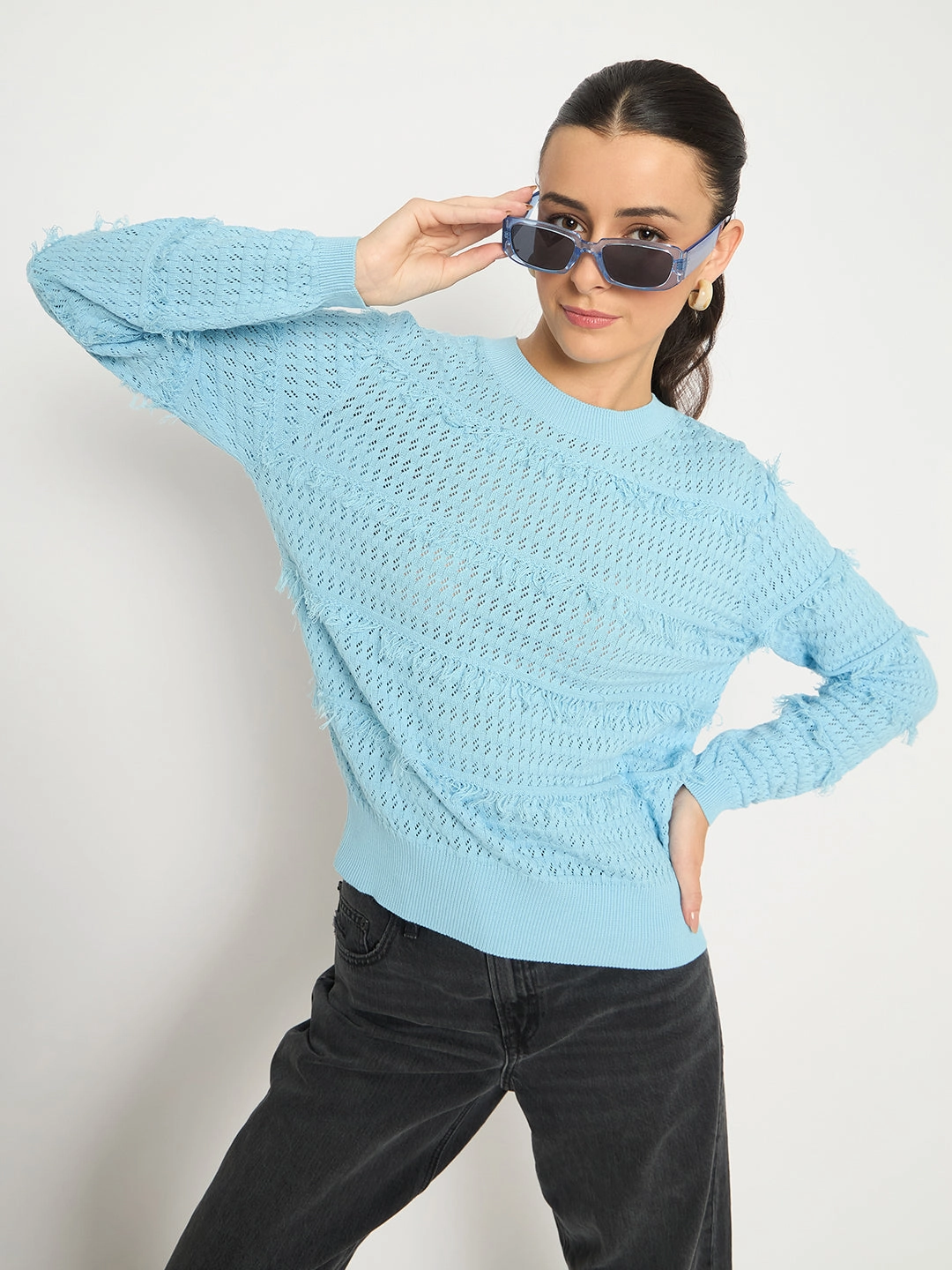 Madame Fringe Textured Brown Cotton Sweater Ribbed cuff Simple Chic