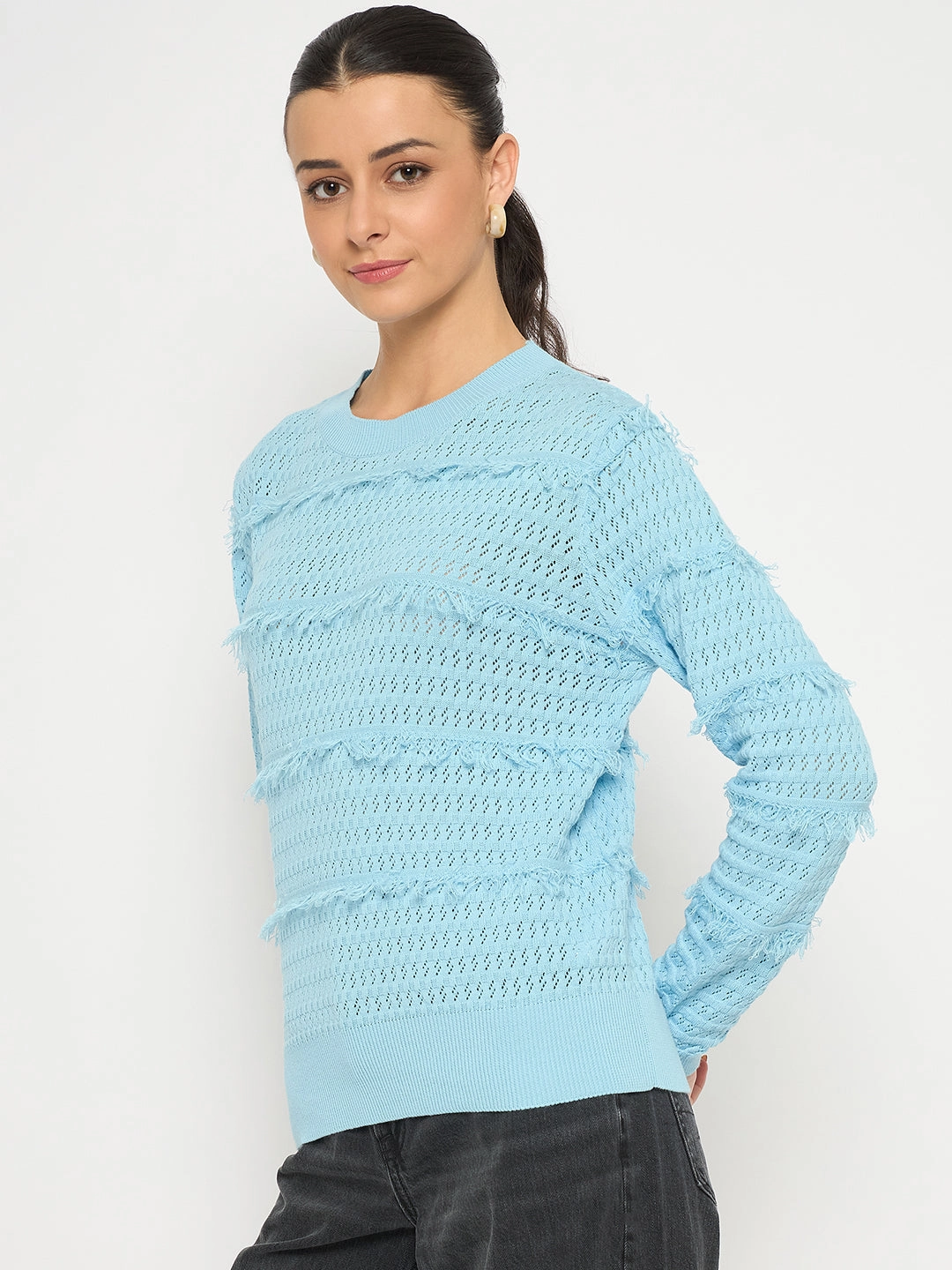 Madame Fringe Textured Brown Cotton Sweater Eco Friendly Dye Process