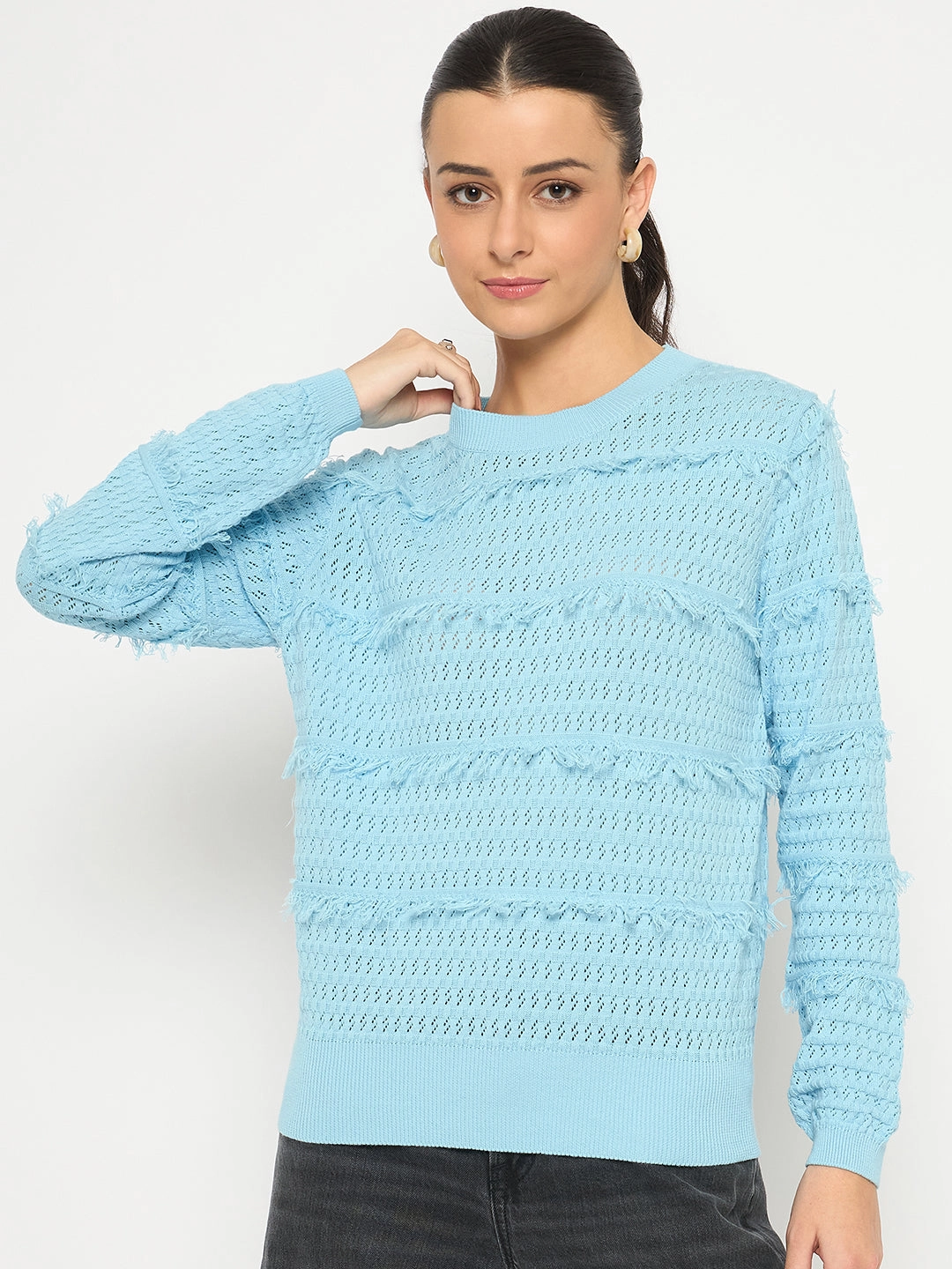 Trendy Layering Madame Fringe Textured Brown Cotton Sweater