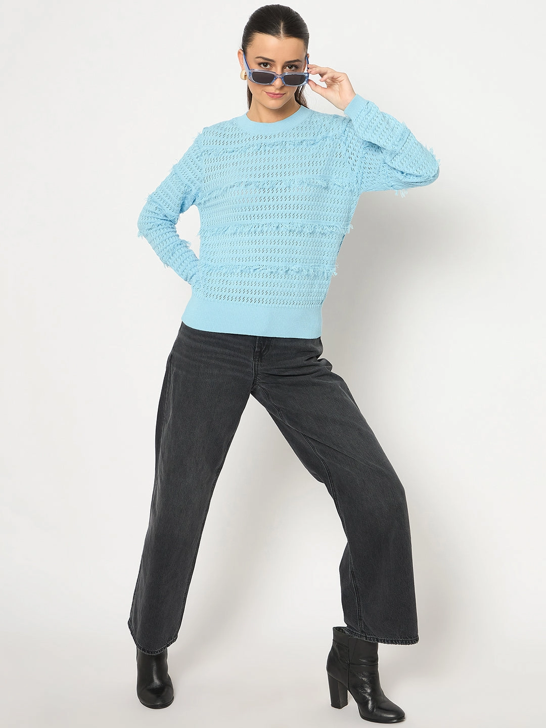 Madame Fringe Textured Brown Cotton Sweater Stretchy Layers