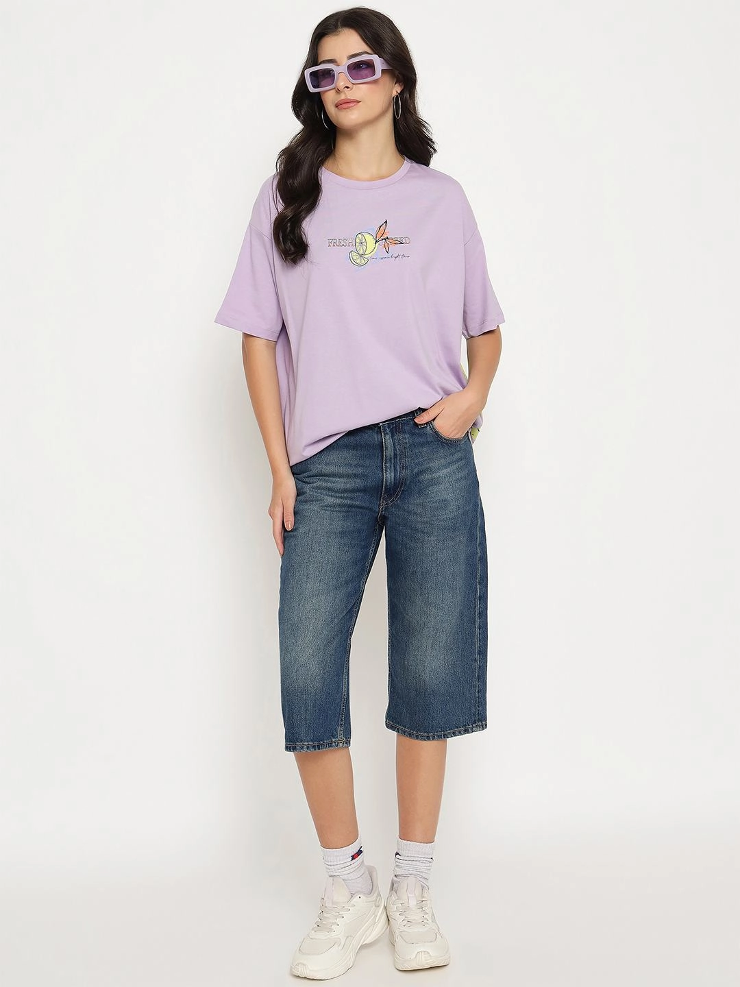 Subtle Texture Weave Layered Panel Construction Madame Front and Back Graphic Print Lilac Cotton T-Shirt