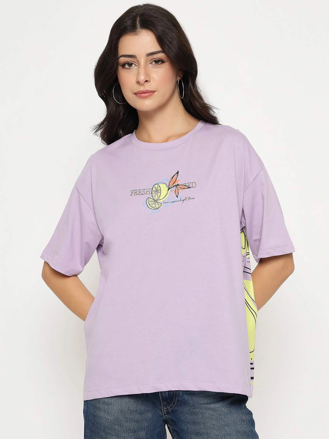 Madame Front and Back Graphic Print Lilac Cotton T-Shirt Soft Sweater Reflective accents