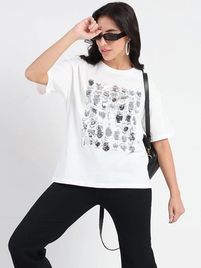 ClassicCrewNeck EthicallySourcedMaterial Madame Front Embellished Solid White Cotton T-shirt