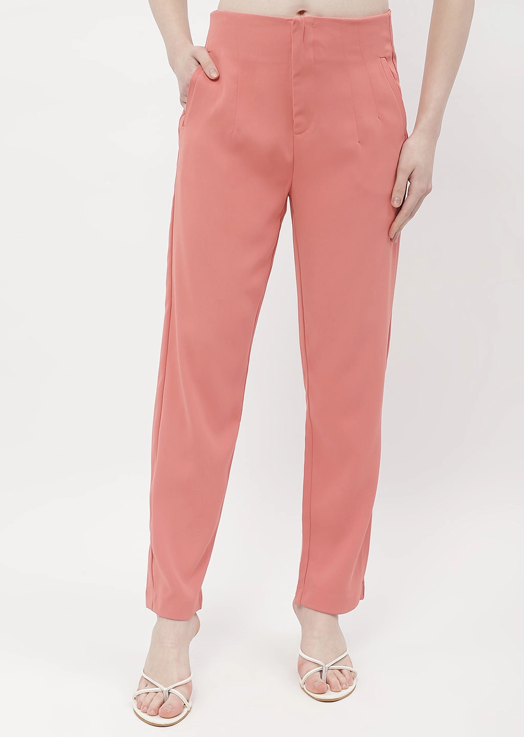 Essential Comfort Wear Flexible Material Madame Front Pleated Blush Orange Tapered Trousers