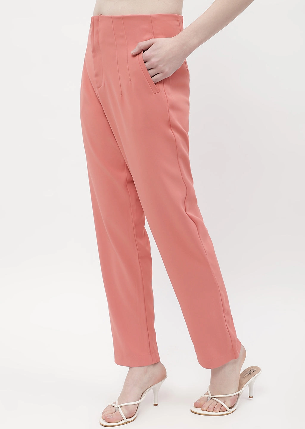 Madame Front Pleated Blush Orange Tapered Trousers Detachable belt Casual Vibes