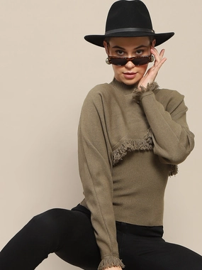 Madame Front Ripped Full Sleeve Olive Sweater All-Weather Comfort