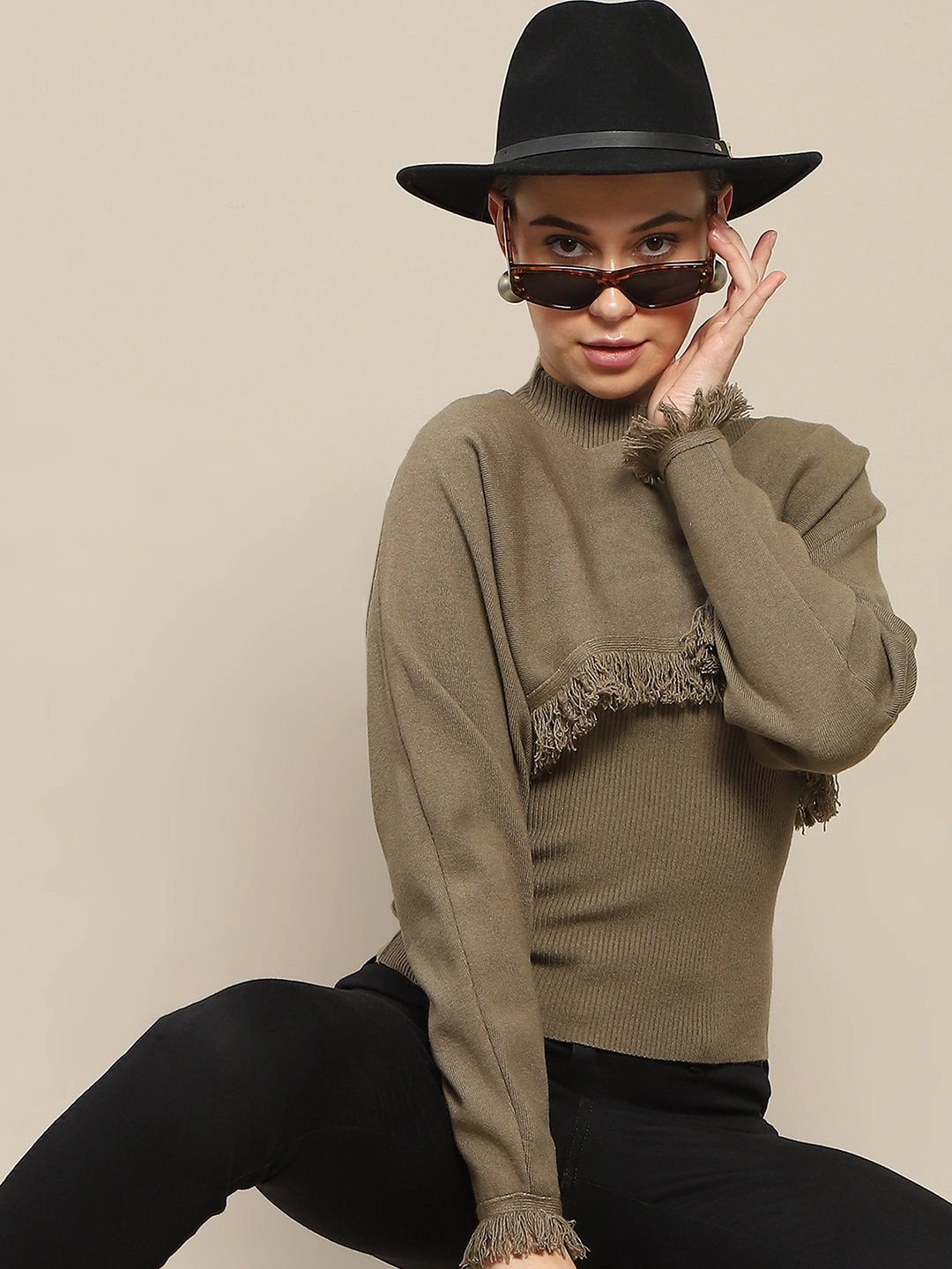 Madame Front Ripped Full Sleeve Olive Sweater All-Weather Comfort