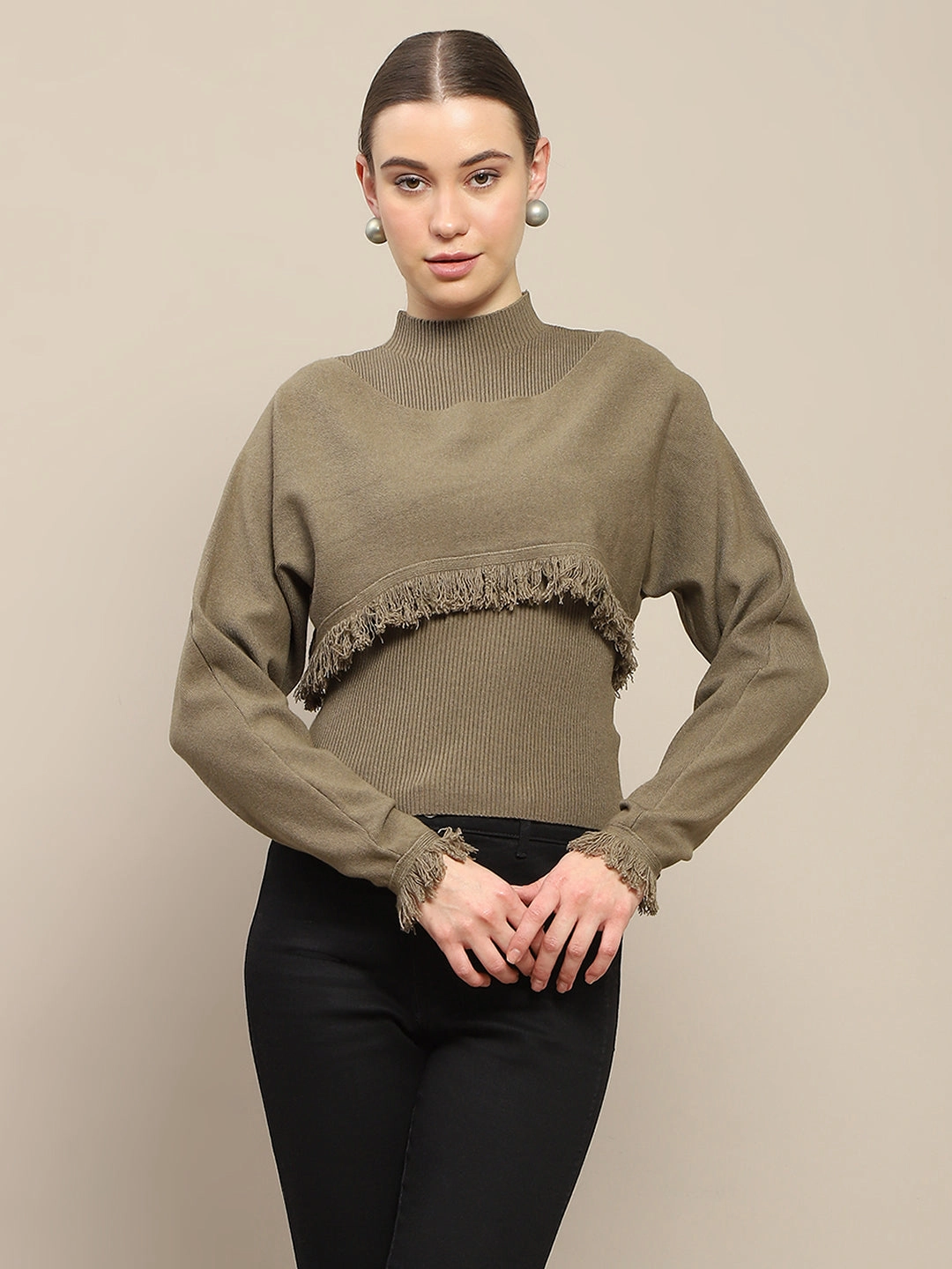 Minimalist Fit slim fit Madame Front Ripped Full Sleeve Olive Sweater