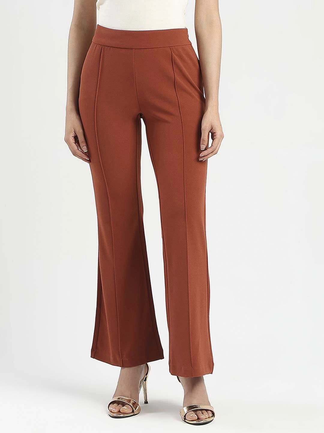 Ultra Soft Texture Madame Front Seam Detail Rust Red Wide Leg Trousers