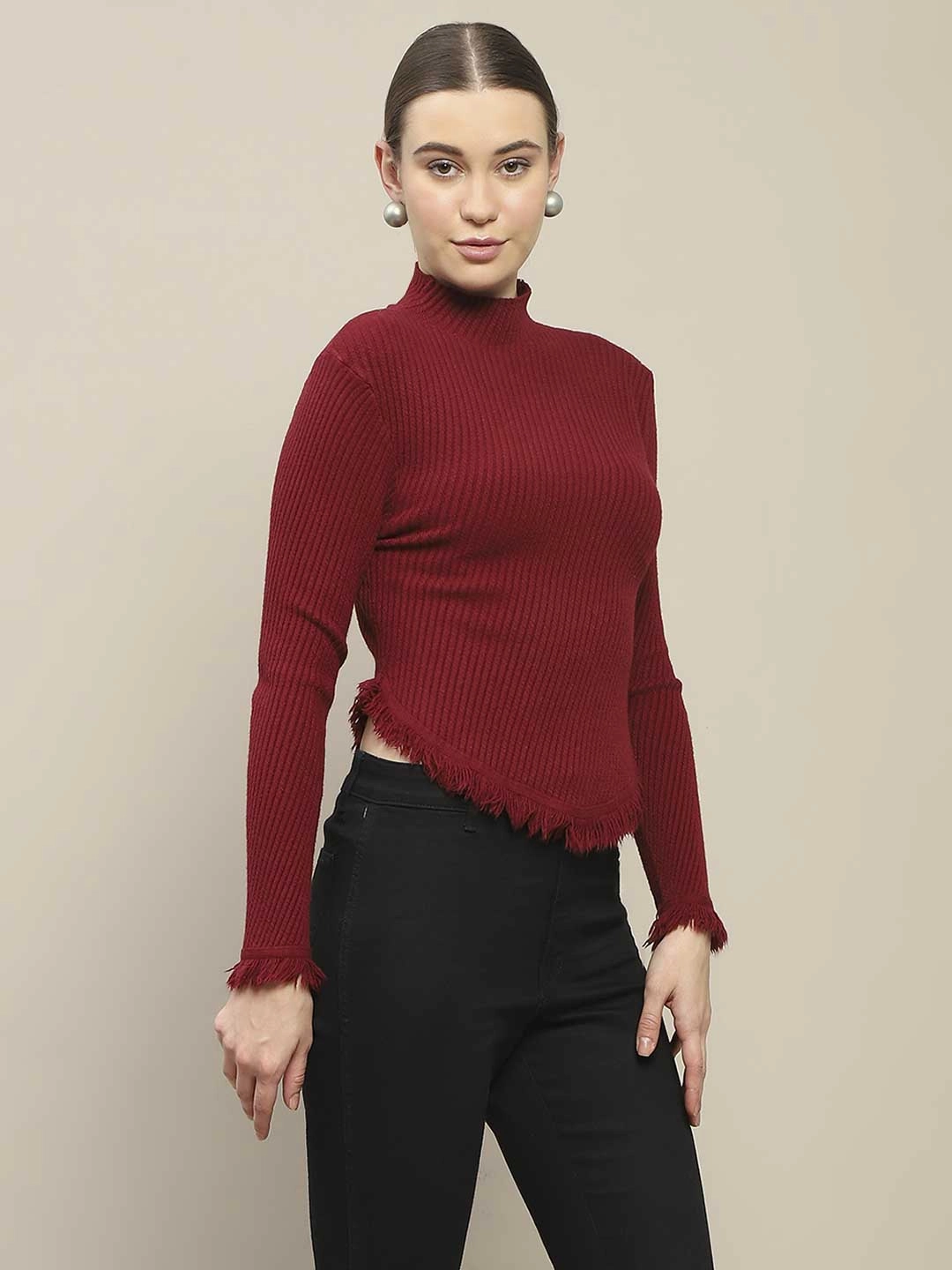 Seasonal Must-Have Madame Fur Cuffs and Hem Wine Red Sweater