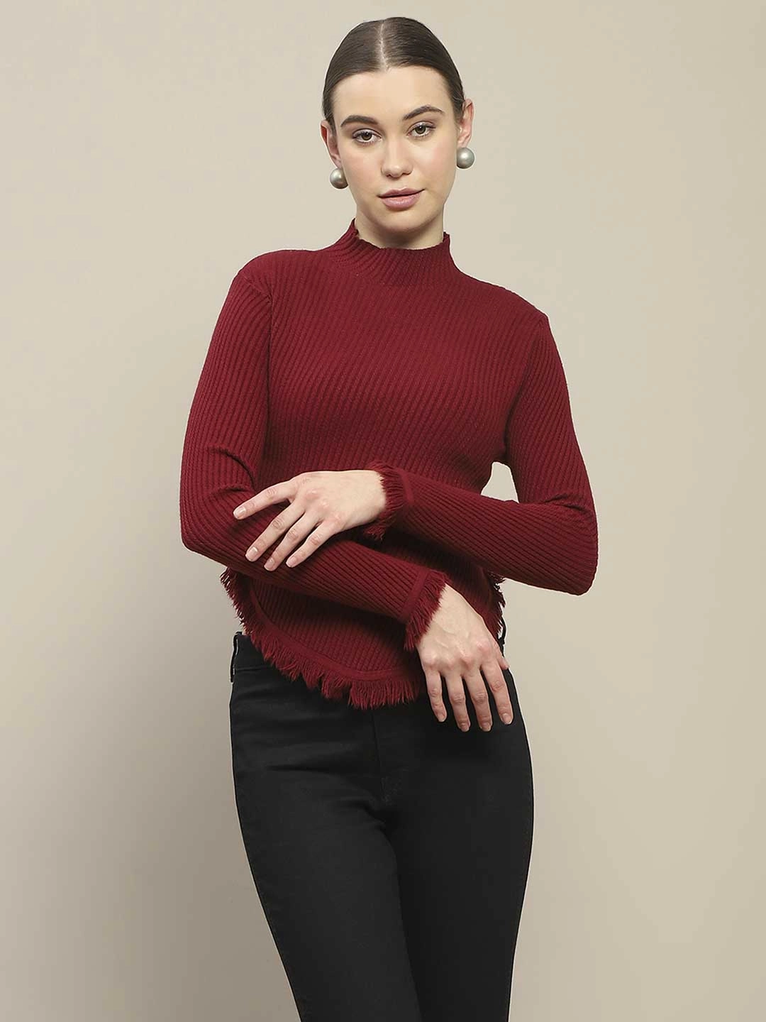 Soft Design Madame Fur Cuffs and Hem Wine Red Sweater