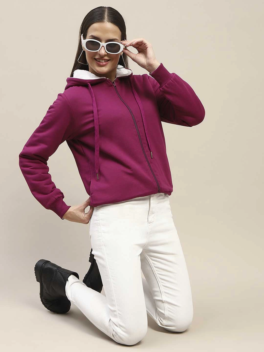 Retro Print Warm Look Madame Fur Hood Metal Detailed Plum Zipped Sweatshirt