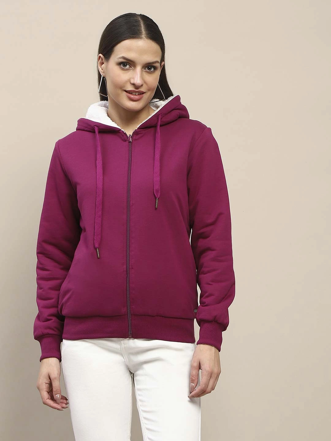 Madame Fur Hood Metal Detailed Plum Zipped Sweatshirt product team unity Mass produced