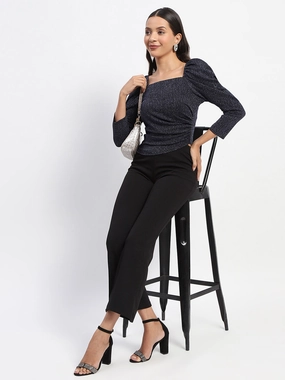 Textured Weave Madame Gathered Shimmery Square Neck Navy Top