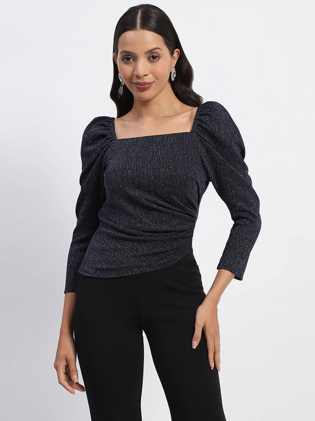 Double Layered Hem Reinforcement Quick Dry Material Madame Gathered Shimmery Square Neck Navy Top