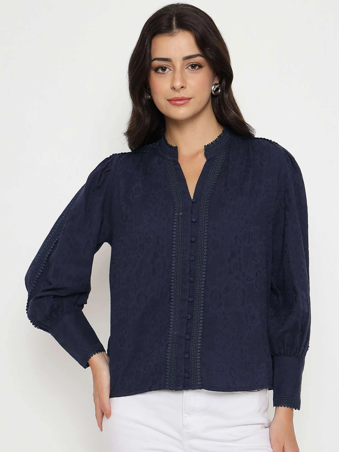 DoubleStitchedHem Lightweight insulation Madame Gathered Shoulders Navy Blue Cotton Top