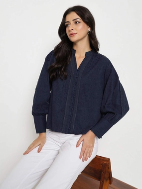 Madame Gathered Shoulders Navy Blue Cotton Top anti static coating HeavyweightThermal