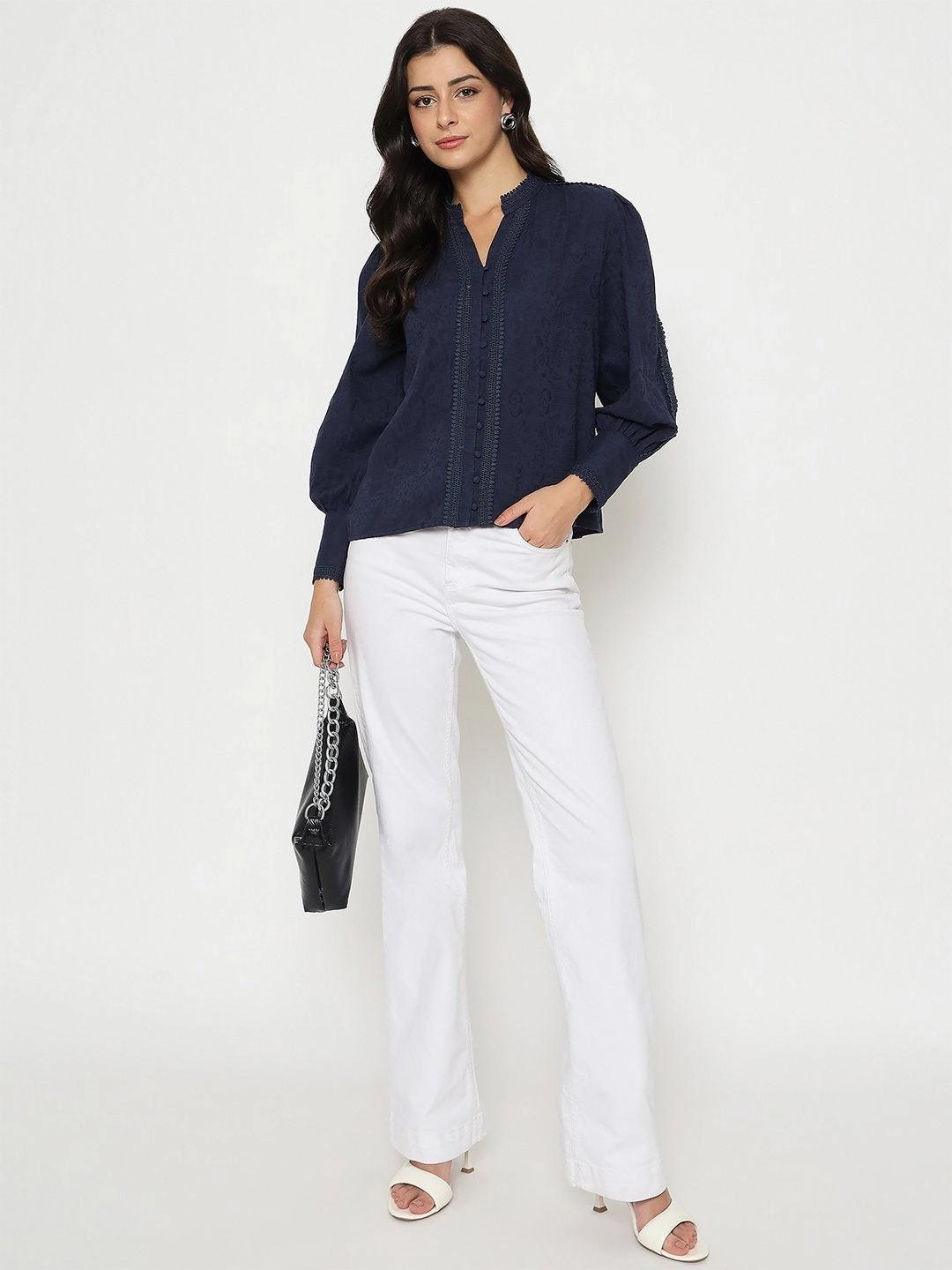 AntiPill Finish Garment Washed Finish Madame Gathered Shoulders Navy Blue Cotton Top