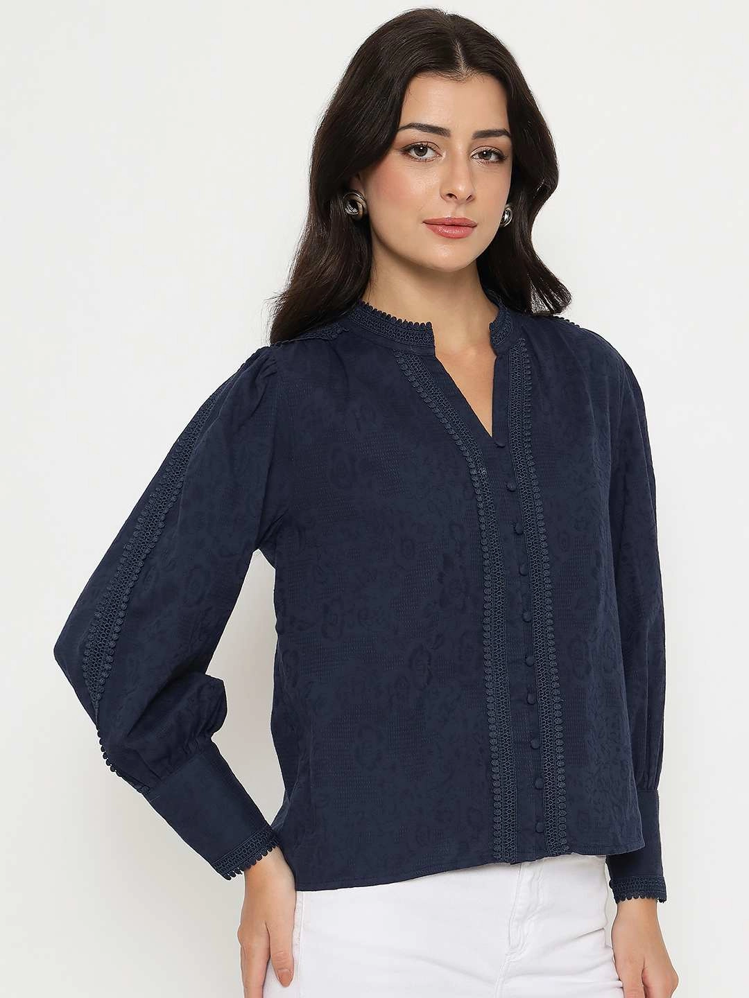 LayeringFriendly Weight Madame Gathered Shoulders Navy Blue Cotton Top