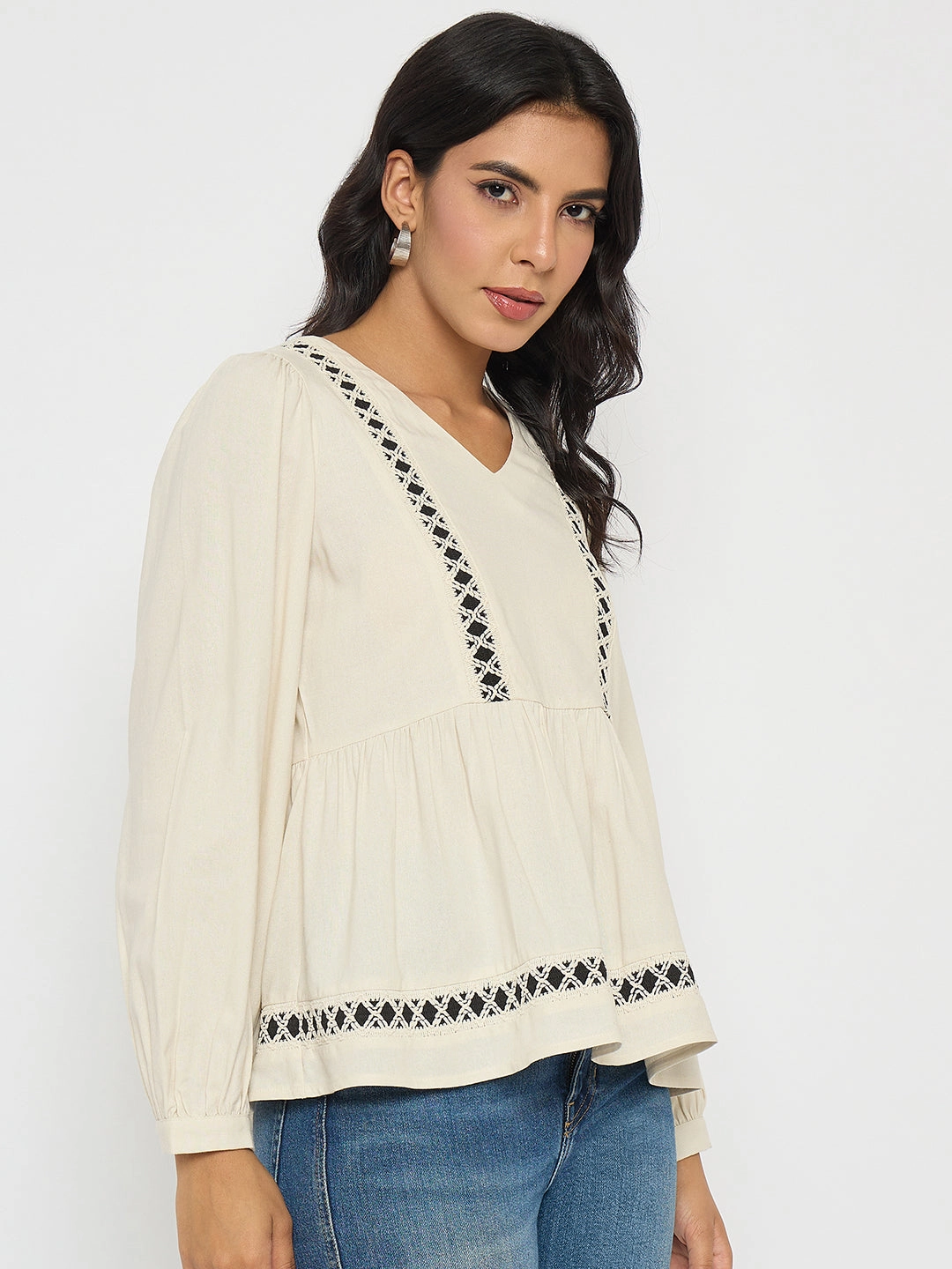 Lightweight Blouse UltraSoftLining Madame Geometric Pattern Embroidery Rayon Blend Off White Top