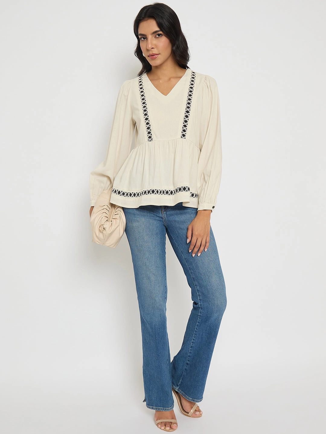 Madame Geometric Pattern Embroidery Rayon Blend Off White Top Reinforced Elbow Patches Stain Resistant Treatment