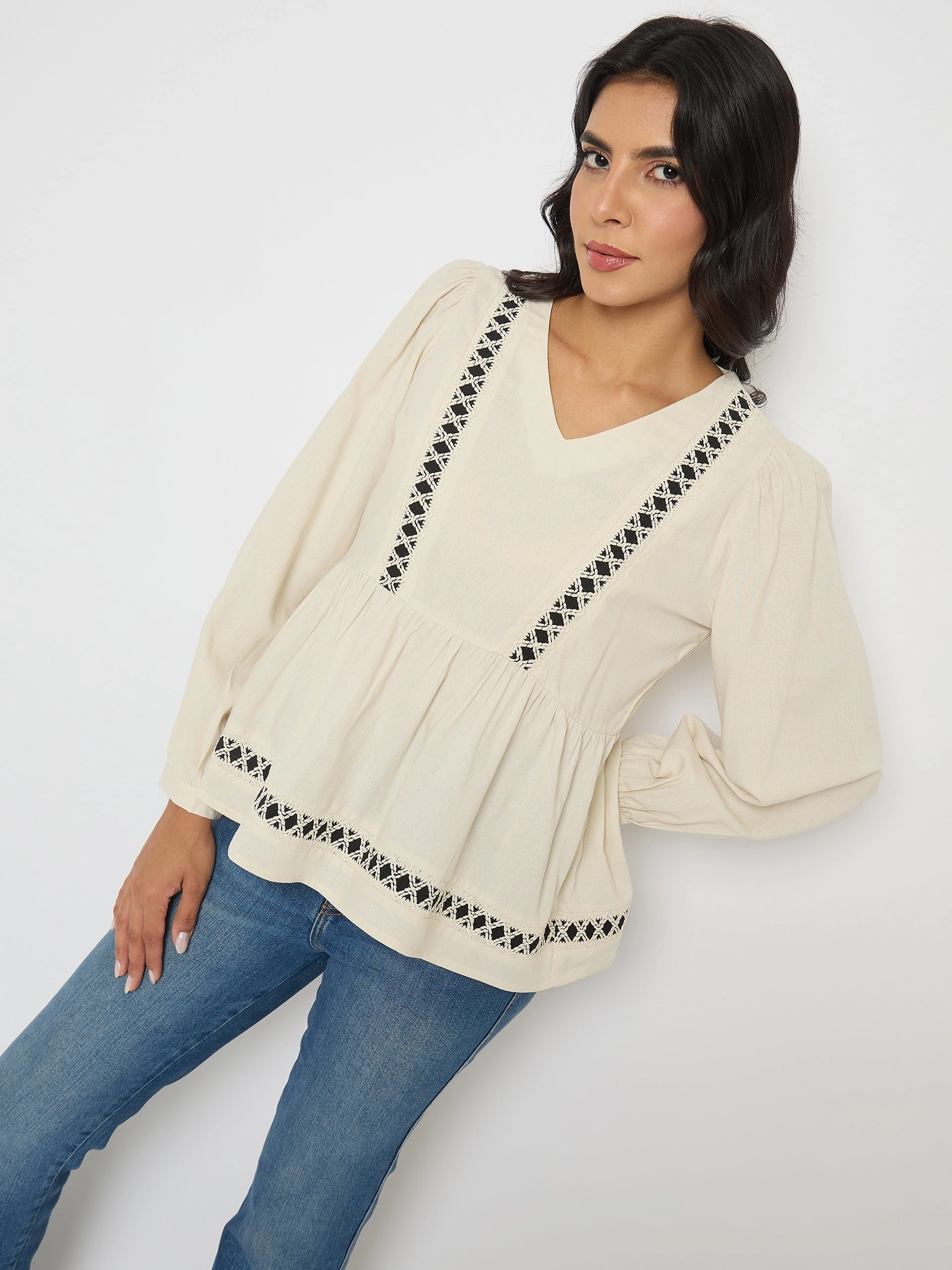 Madame Geometric Pattern Embroidery Rayon Blend Off White Top ConvertibleCollarSystem DurableReinforcement