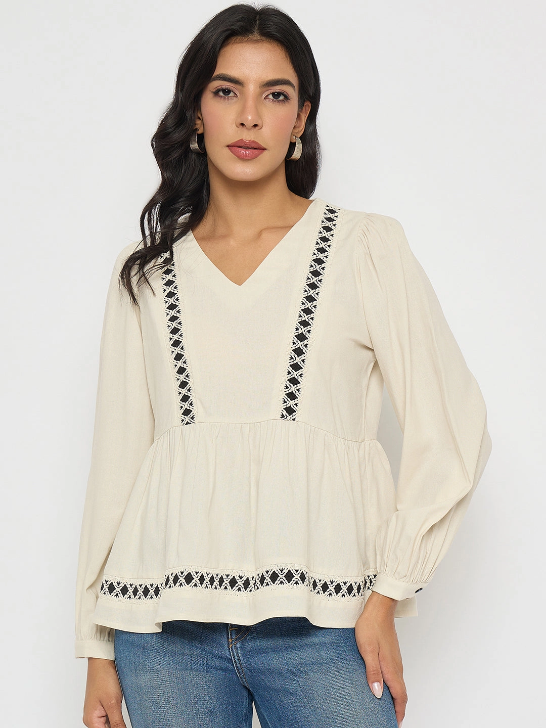 Long Sleeve Polo Reinforced Shoulder Madame Geometric Pattern Embroidery Rayon Blend Off White Top