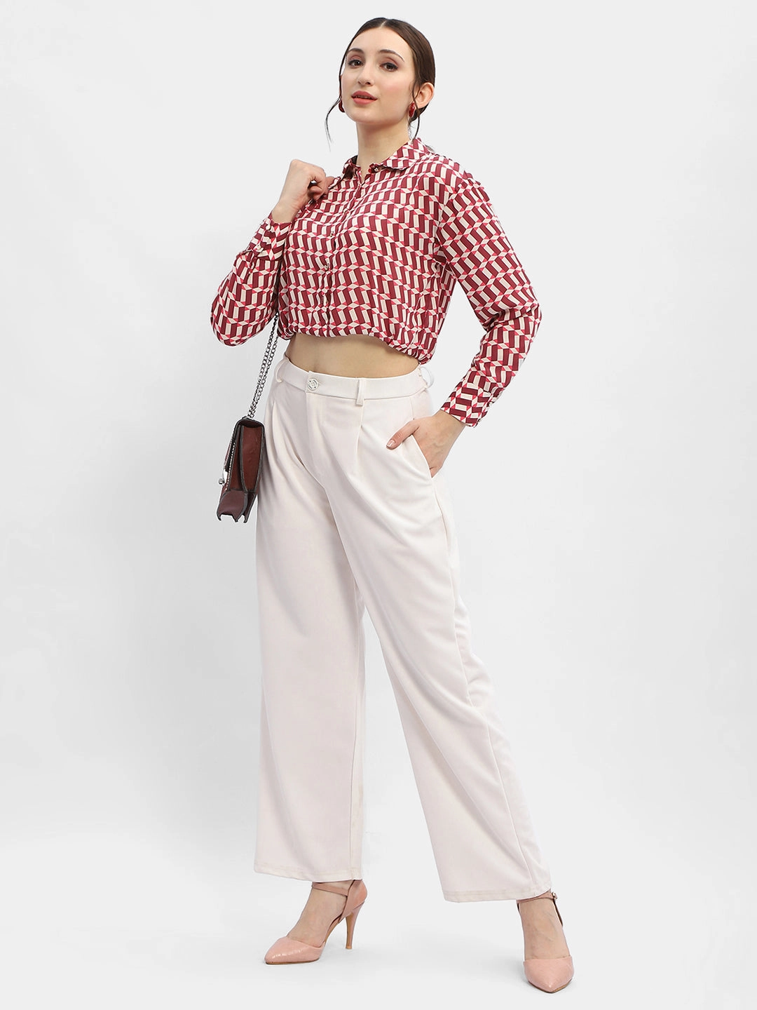 Snag Resistant Fabric Quick Dry Technology Madame Geometric Print Maroon Crop Shirt