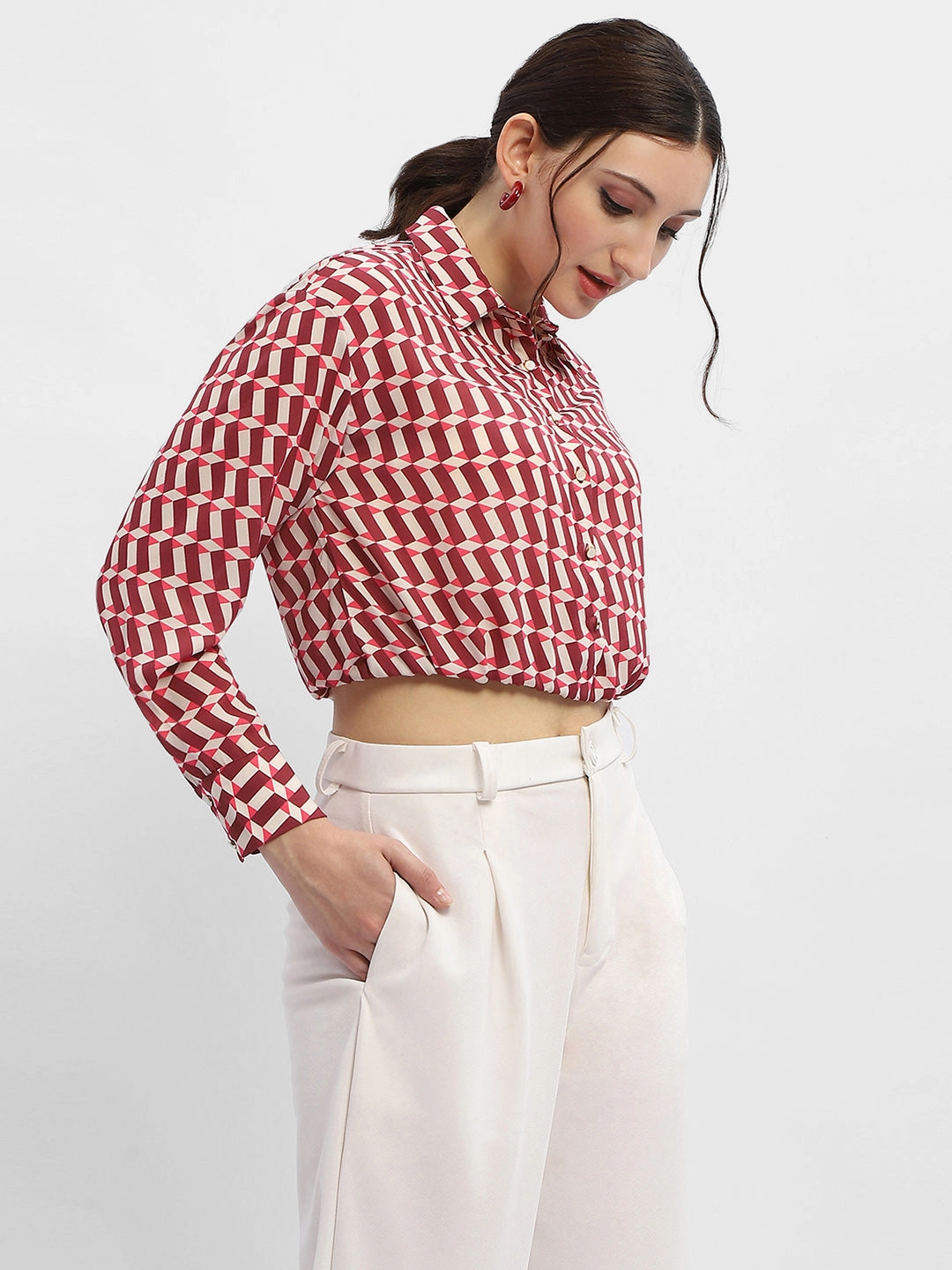 Non Restrictive Armhole Current Style Madame Geometric Print Maroon Crop Shirt
