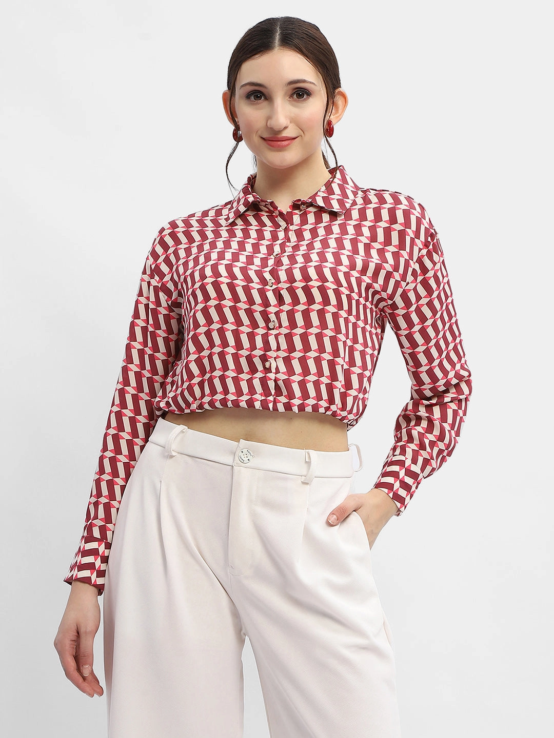 Madame Geometric Print Maroon Crop Shirt Non Iron Fabric Classic Style