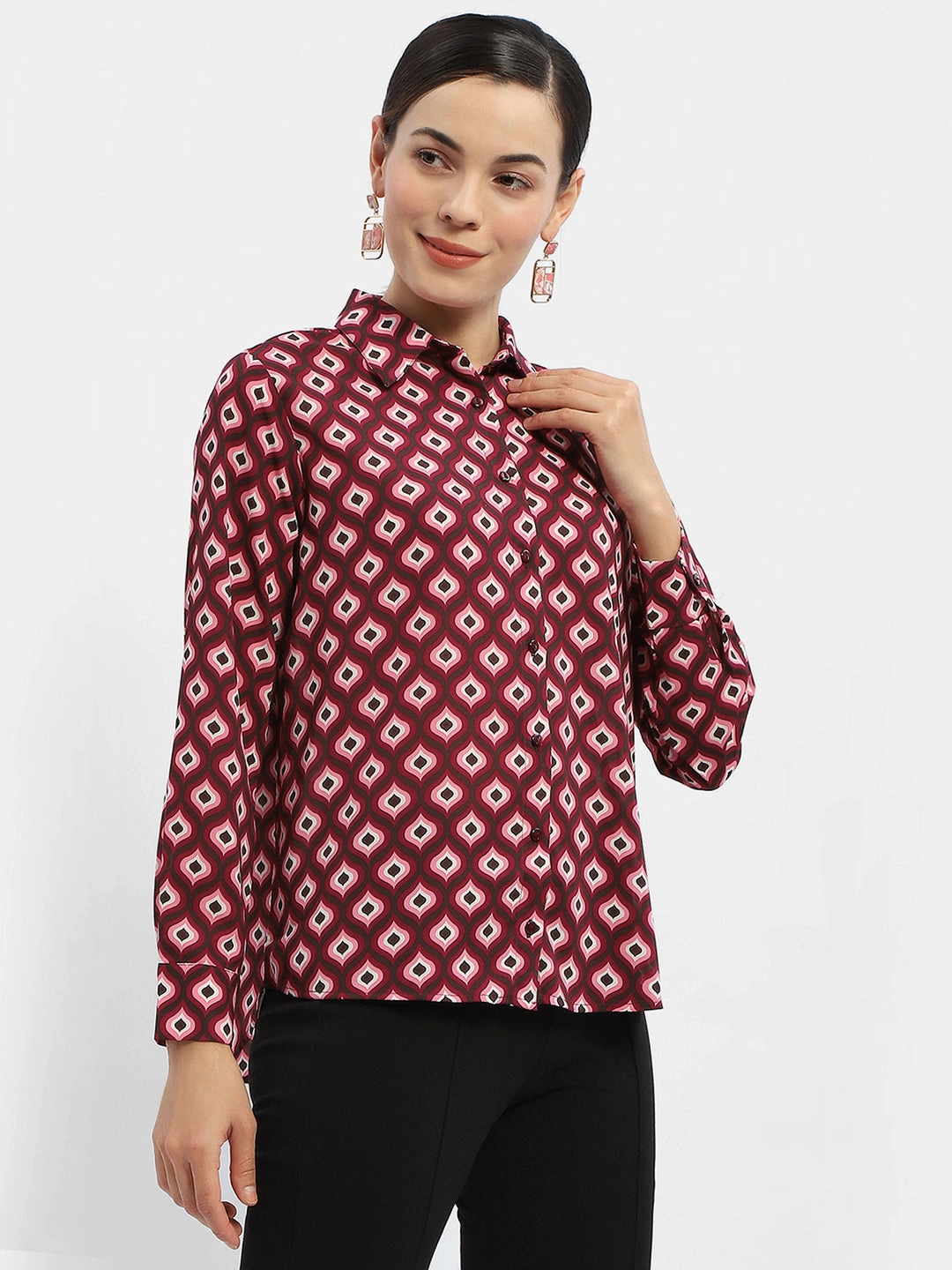 Madame Geometric Print Maroon Regular Shirt Bold colors