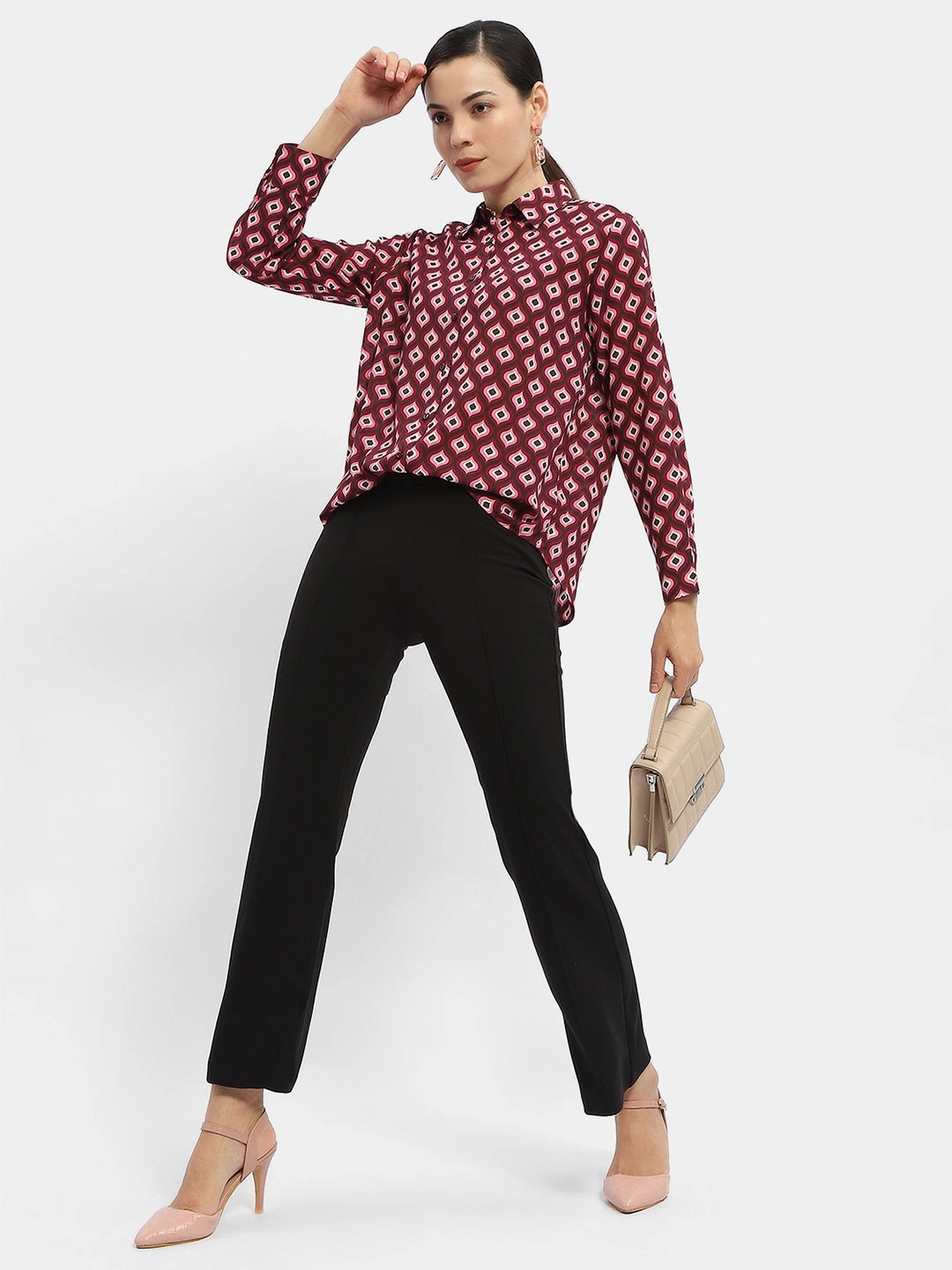 Black Tie Optional Madame Geometric Print Maroon Regular Shirt