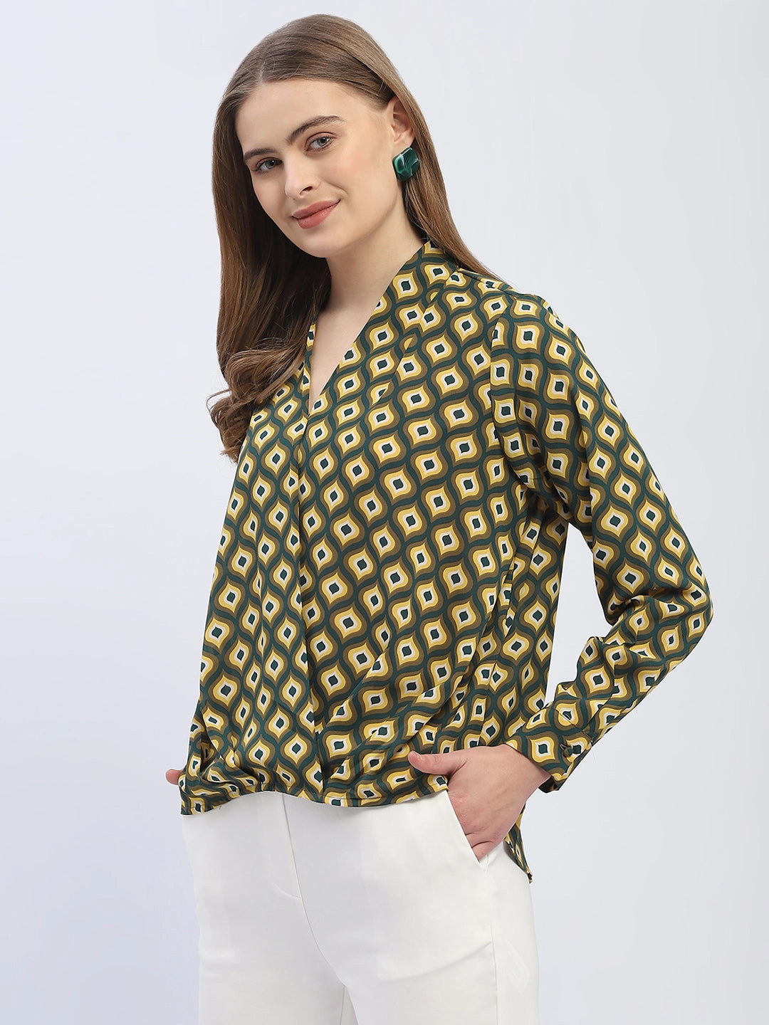 Smooth Stitching Circular Knit Madame Geometric Print Mustard Yellow Regular Top