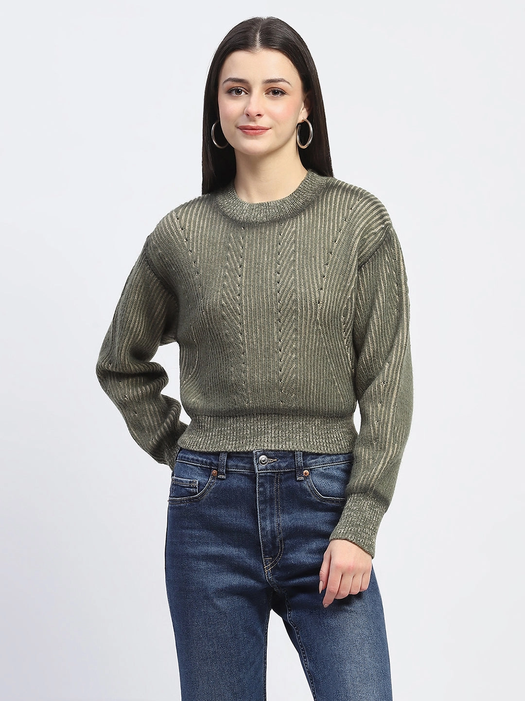 Madame Geometric Print Ribbed Cuffs Green Sweater No Bulk