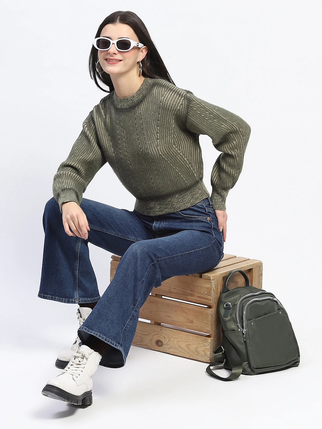 Madame Geometric Print Ribbed Cuffs Green Sweater Breathable Core